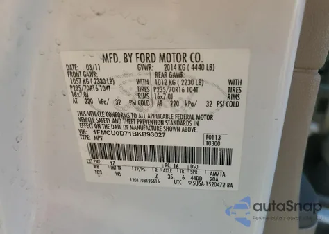 2011 Ford Escape Xlt из США, поврежденный, VIN 1FMCU0D71BKB93027